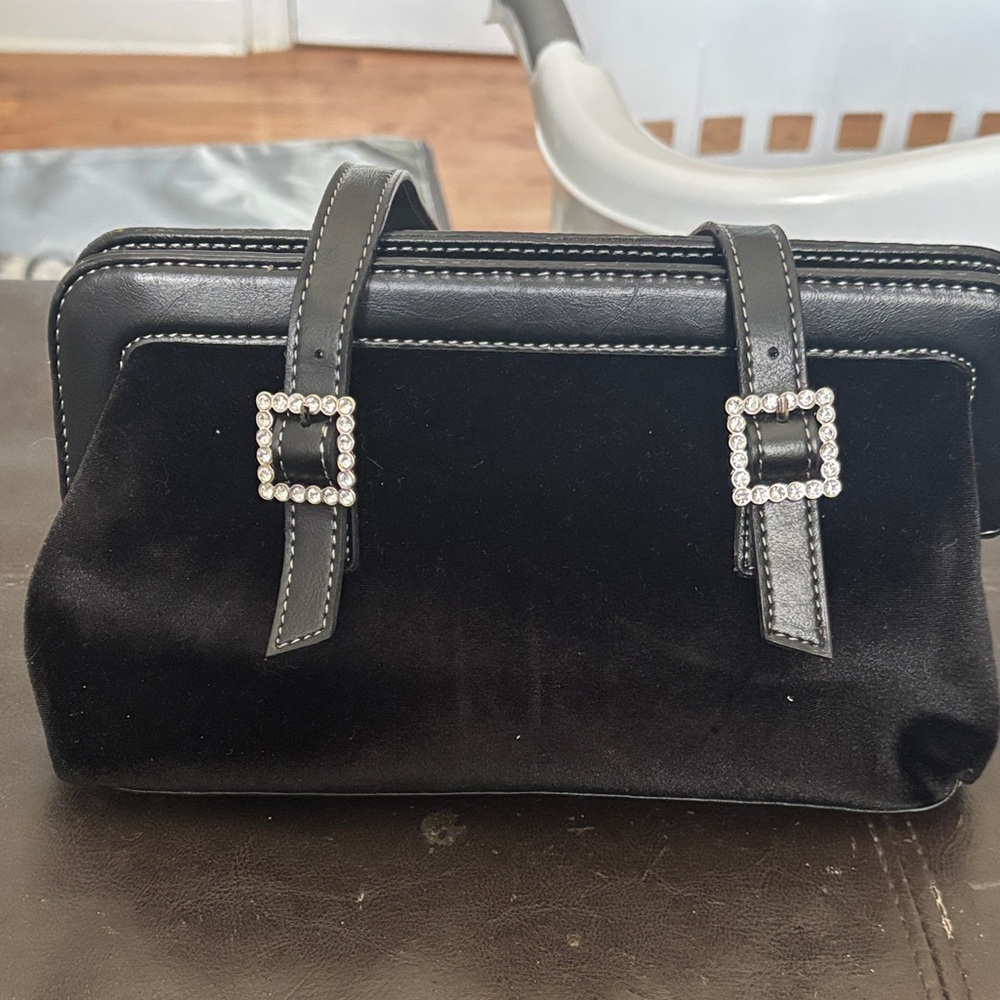 Amanda Smith Black Velvet Clutch with Rhinestone Buckles